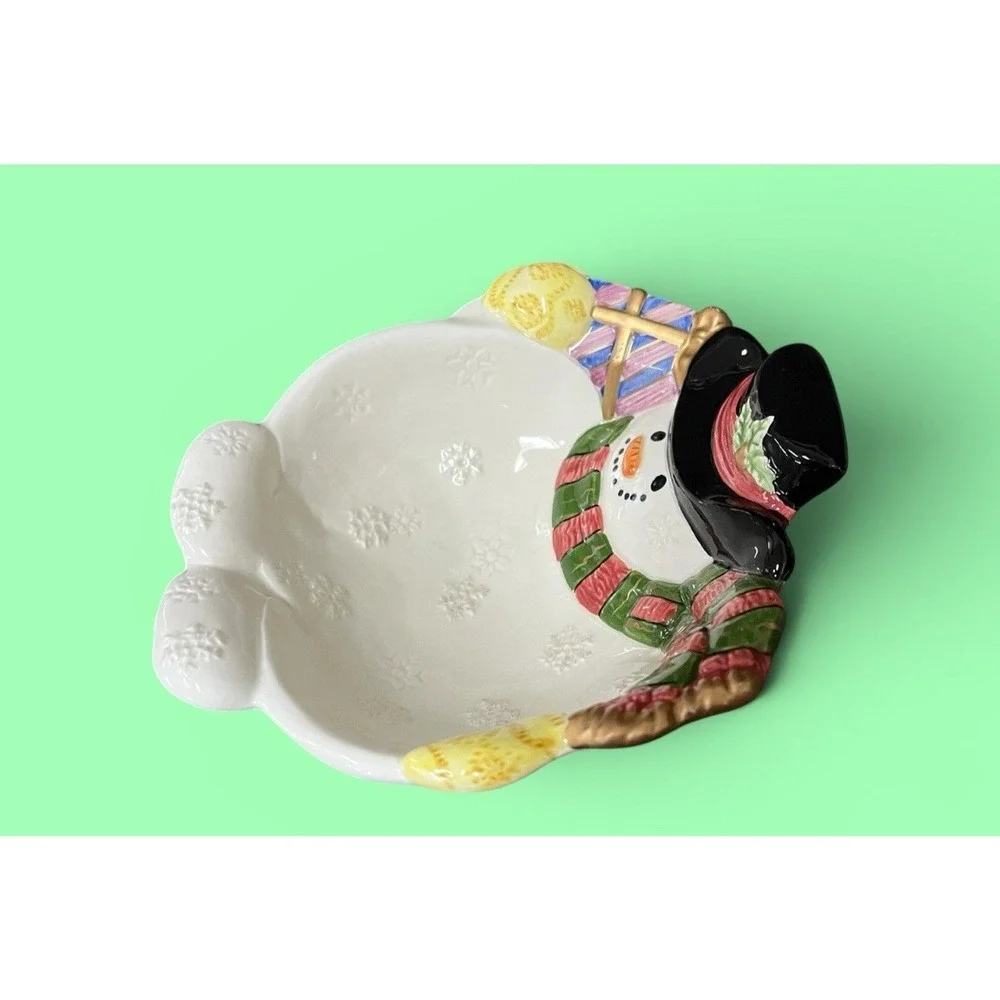 Fitz & Floyd Frosty Folks Snowman Candy Bowl Dish Winter Holiday Christmas Decor